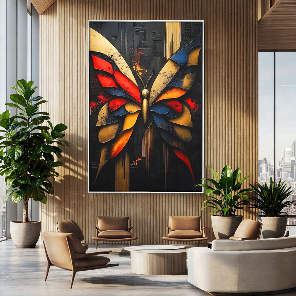 Tablou canvas cu tablou canvas cu fluture abstract, in rama de aluminiu argintiu, pe perete intr-un birou